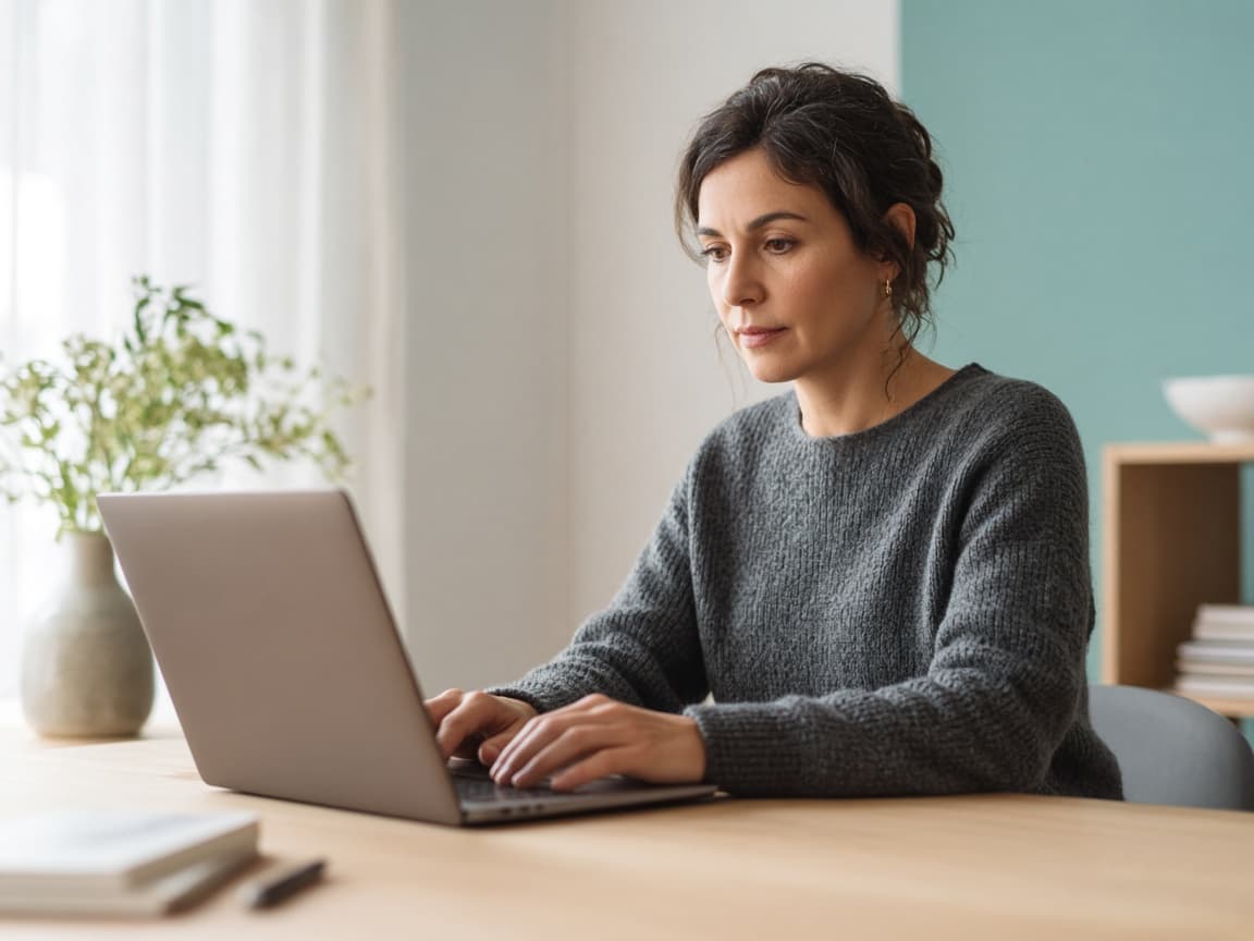 Professional reviewing work on a laptop at a quiet desk